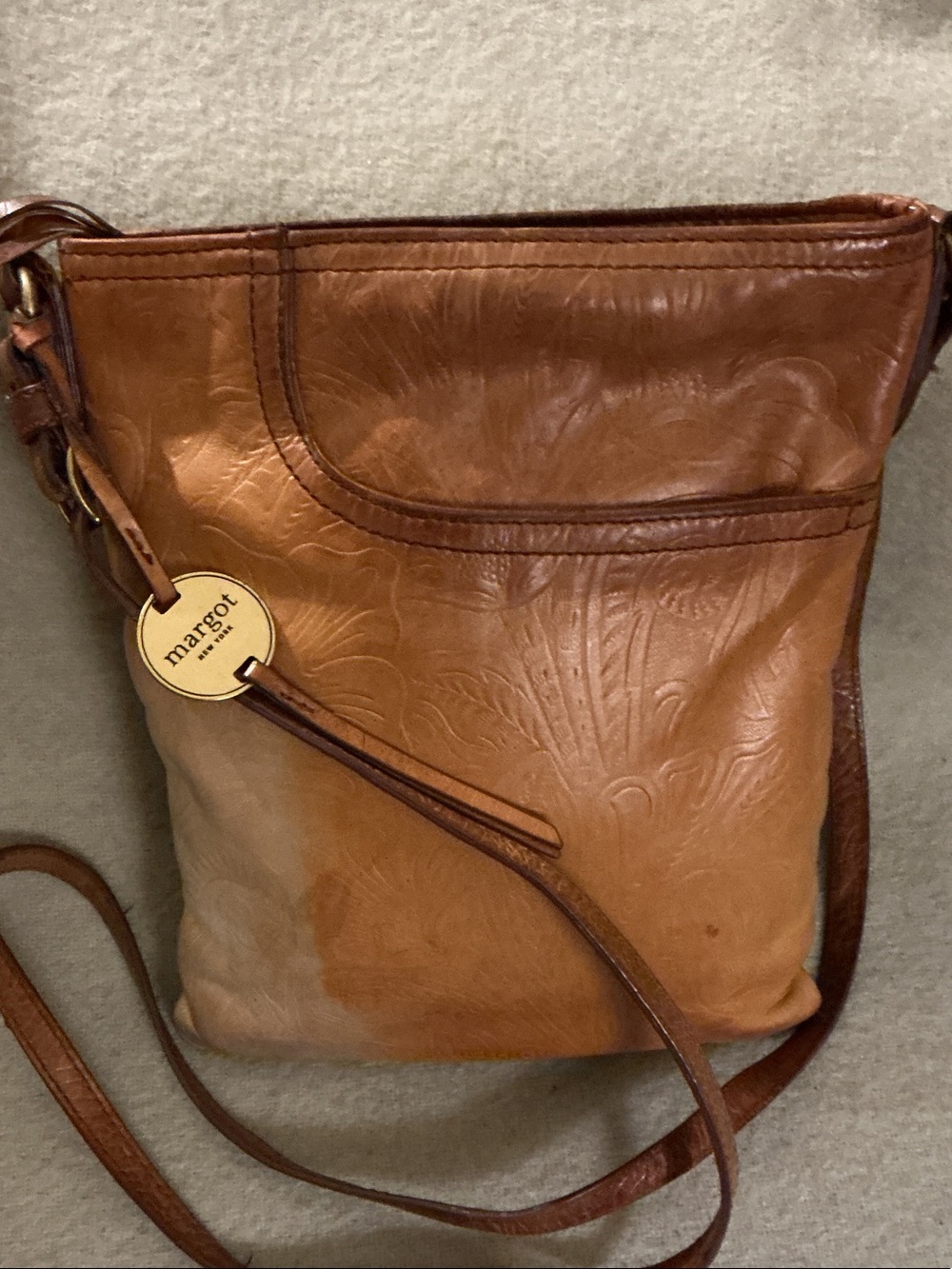 margot Cognac Leather Crossbody with Floral Embossing